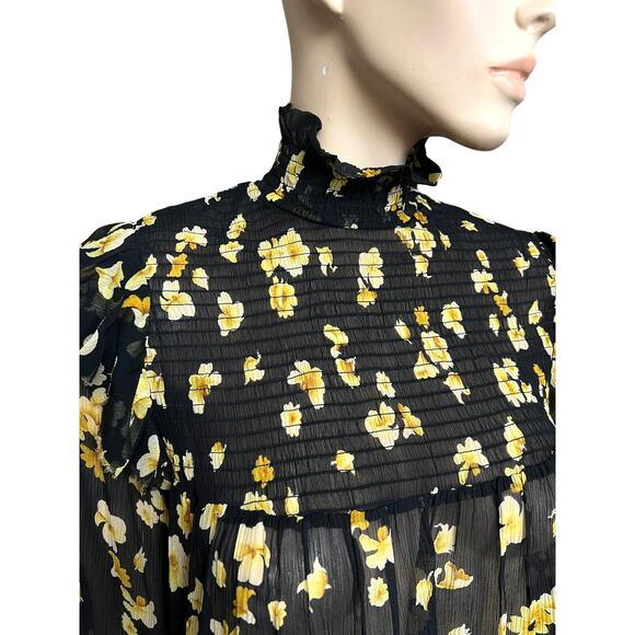 The Kooples Funnel Neck 100% Silk Sheer Smocked Floral Blouse Size Small - Picture 6 of 16
